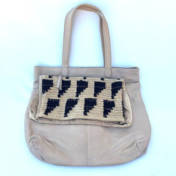 Free People Sierra Leather Woven Removable Clutch Tote Purse Beige Bag Tan - Picture 3 of 14